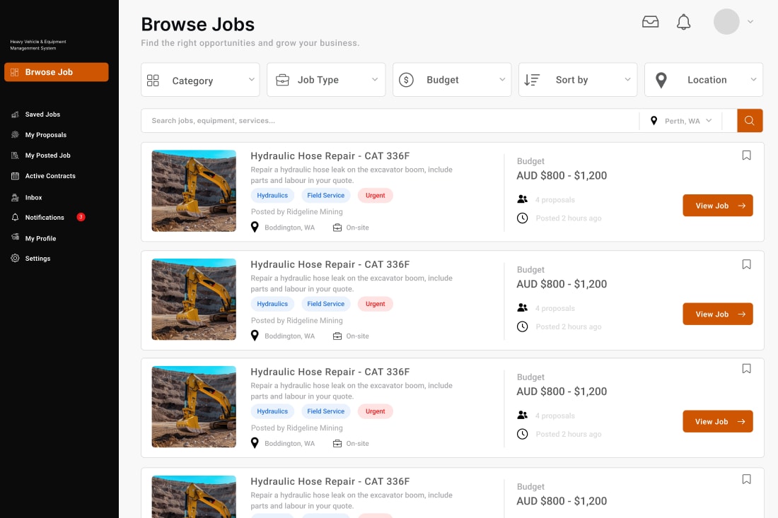 HVEMS marketplace Browse Jobs screen for independent technicians: filters for category, job type, budget, sort and location, a job search, and job cards showing the work, tags, location, budget range and number of proposals.